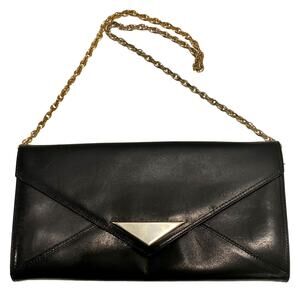 80s Black Leather Clutch w/ Chain & Triangle Accent – Minimalist Purse